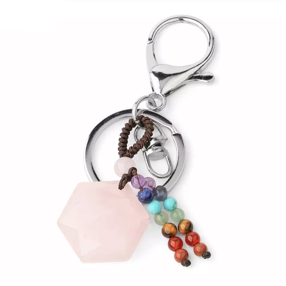 Accessories - Natural Rose Quartz Hexagon Stone with Rainbow Chakra Keychain Charm